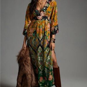Anthropologie Yellow and Green Floral Maxi Dress